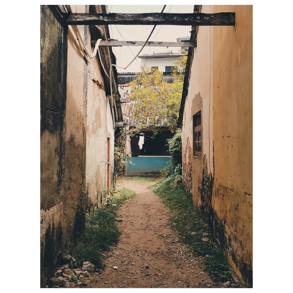 A narrow passage between weathered buildings