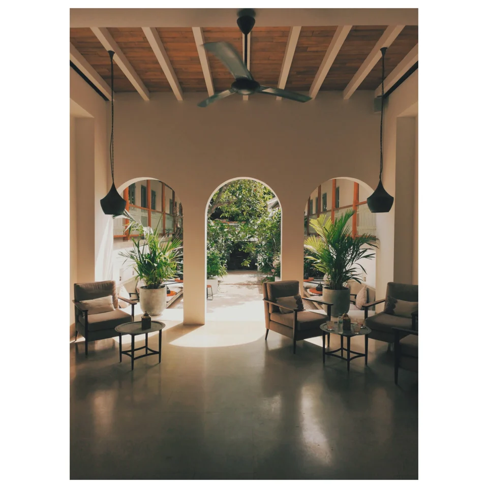 A shaded room opening onto a tropical garden