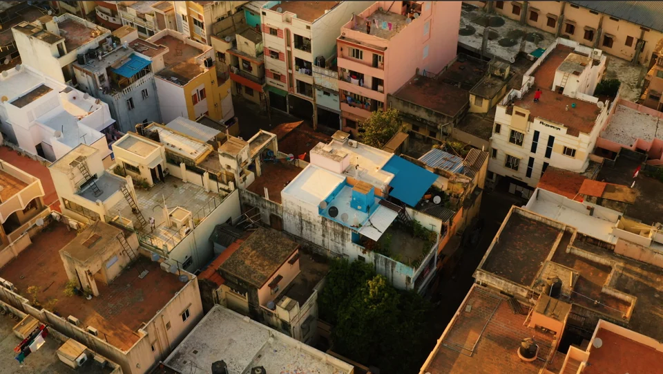 Colourful buildings filling a dense city block