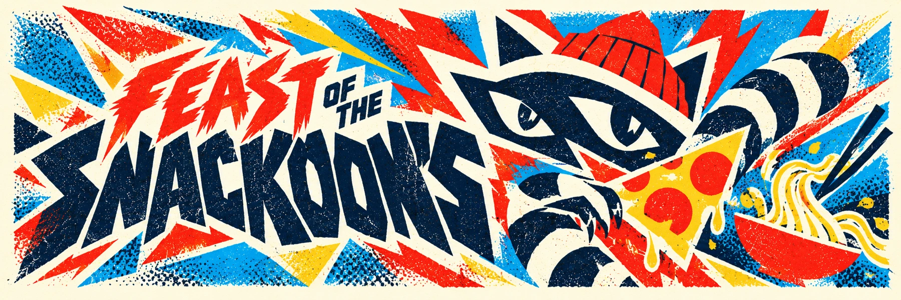 Feast of the Snackoons — bespoke Ink Riot raccoon and food key art
